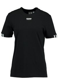 Svart bomullströja med korta ärmar, med rund halsringning, två tunna vita ränder på varje ärm och en liten Adidas-logotyp på bröstet.