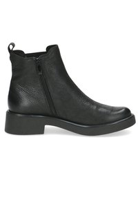 Black ankle boots featuring a textured leather upper, side zipper, rounded toe, and a low block heel with a smooth finish.