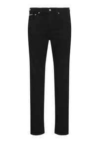 Μαύρο τζιν στενής εφαρμογής με εμπρόσθιο κουμπί, θηλιές για ζώνη και εμφανείς εμπρόσθιες τσέπες, παρουσιασμένο σε λευκό φόντο.