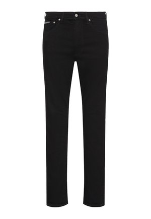 Crne slim-fit traperice s prednjim gumbom, petljama za remen i vidljivim prednjim džepovima, prikazane na bijeloj pozadini.