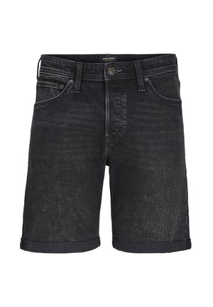 Dunkelblaue Denim-Shorts mit geradem Schnitt, umgeschlagenen Säumen, Five-Pocket-Design und einem Metallknopfverschluss am Bund.