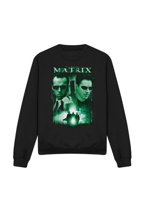 Black sweatshirt with green-toned graphic of two men in sunglasses, one holding a gun, with three figures walking toward a bright light.