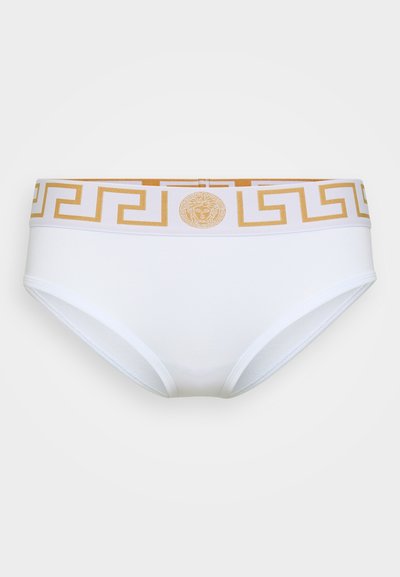 Fehér pamut bugyi arany görög kulcs mintával a derekán, középen medál logóval és sima, rugalmas textúrával.