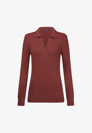 Sweter w kolorze rdzy o prążkowanej fakturze, z dekoltem w serek i długimi rękawami. Posiada dopasowany krój oraz wygodną dzianinową tkaninę.