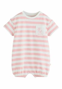 Rövid ujjú, rövid, rózsaszín-fehér csíkos baba overál, kerek nyakkivágással, oldalsó patentokkal és a mellkason "HOME GROWN" feliratú, virágmintás zsebbel.