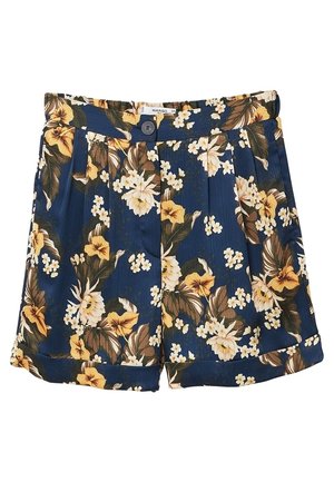 Blaue Shorts mit gelbem und weißem tropischem Blumenprint, Knopfverschluss und aufgekrempelten Säumen.