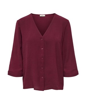 Burgundy texturerad blus med V-ringning, framknappar och trekvartslånga ärmar med uppvikta ändar, lös passform.