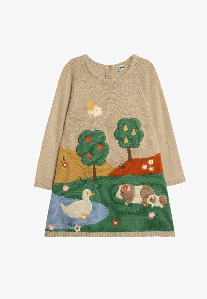 Rochie tricotată bej, cu grafice colorate brodate ce reprezintă un soare, copaci, o rață și două porcușoare de Guineea, pe un fundal peisagistic.