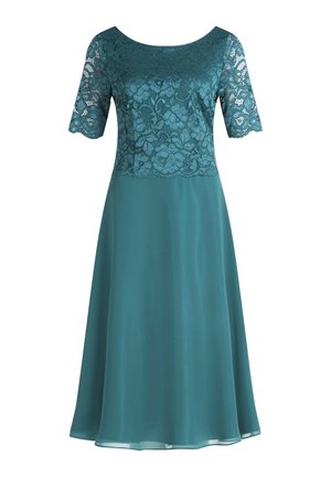 Teal avondjurk met kant bodice en korte mouwen. Vloeiende rok van gladde stof, met een ronde halslijn en een bloemenkantpatroon.