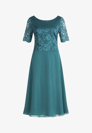 Türkisfarbiges Abendkleid mit Spitzenbustier und kurzen Ärmeln. Fließender Rock aus glattem Stoff, mit Rundhalsausschnitt und floralem Spitzenmuster.