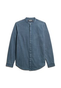 Denim overhemd in medium blauw, met een bandkraag, lange mouwen, knoopsluiting aan de voorkant en een afgeronde zoom. Gelaagd stof met subtiele patroon details.