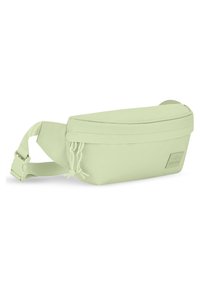 Light green fanny pack made of durable fabric. Features a zipper closure, adjustable strap, and side accents for tightening.
