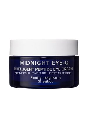 Dunkelblaues Glas der Midnight Eye-Q Intelligent Peptide Eye Cream mit weißem Deckel, gekennzeichnet für Straffung, Aufhellung und enthält 31 aktive Inhaltsstoffe.