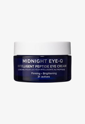 Pot bleu foncé de Midnight Eye-Q Intelligent Peptide Eye Cream avec couvercle blanc, étiqueté pour raffermir, illuminer et contenant 31 ingrédients actifs.