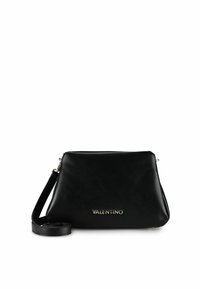 Borsa a mano in pelle nera con forma rettangolare, caratterizzata da un logo "VALENTINO" dorato e da una tracolla staccabile. Texture liscia.