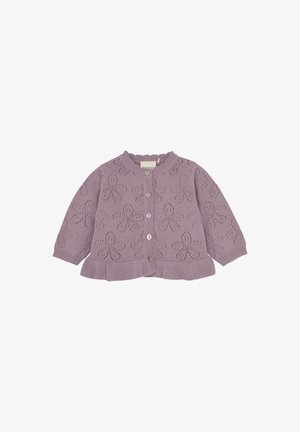 Lilac knitted cardigan with a scalloped hem, featuring floral cut-out patterns, ribbed cuffs, and five buttons along the front.