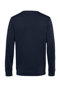 Felpa a maniche lunghe blu navy vista da dietro, con polsini e orlo a costine, su sfondo bianco.