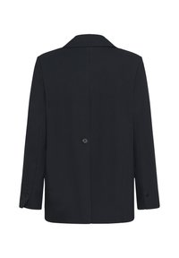 Schwarzer Blazer aus strukturiertem Stoff, mit einem Reverskragen, einreihiger Knopfleiste und langen Ärmeln mit geknöpften Manschetten.