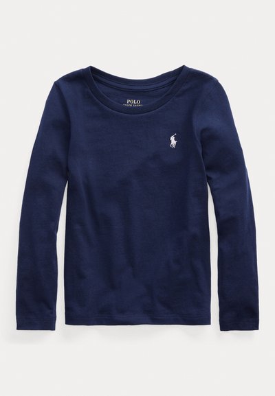 Marineblaues Polo Ralph Lauren Langarmshirt mit Rundhalsausschnitt und weiß gesticktem Pferdelogo auf der linken Brust.