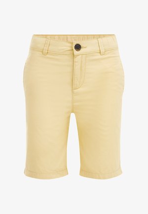 Lysegule knælange shorts med knaplukning, bæltestropper og sidelommer, vist forfra på en hvid baggrund.