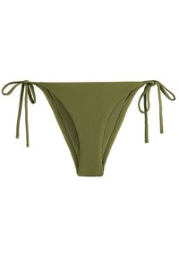 Bas de bikini vert olive texturé avec liens latéraux réglables pour un ajustement sûr, présenté sur un fond blanc.