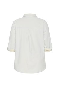 Chemise à manches longues, bleu clair et blanc à fines rayures, manches retroussées, vue de dos sur fond blanc.