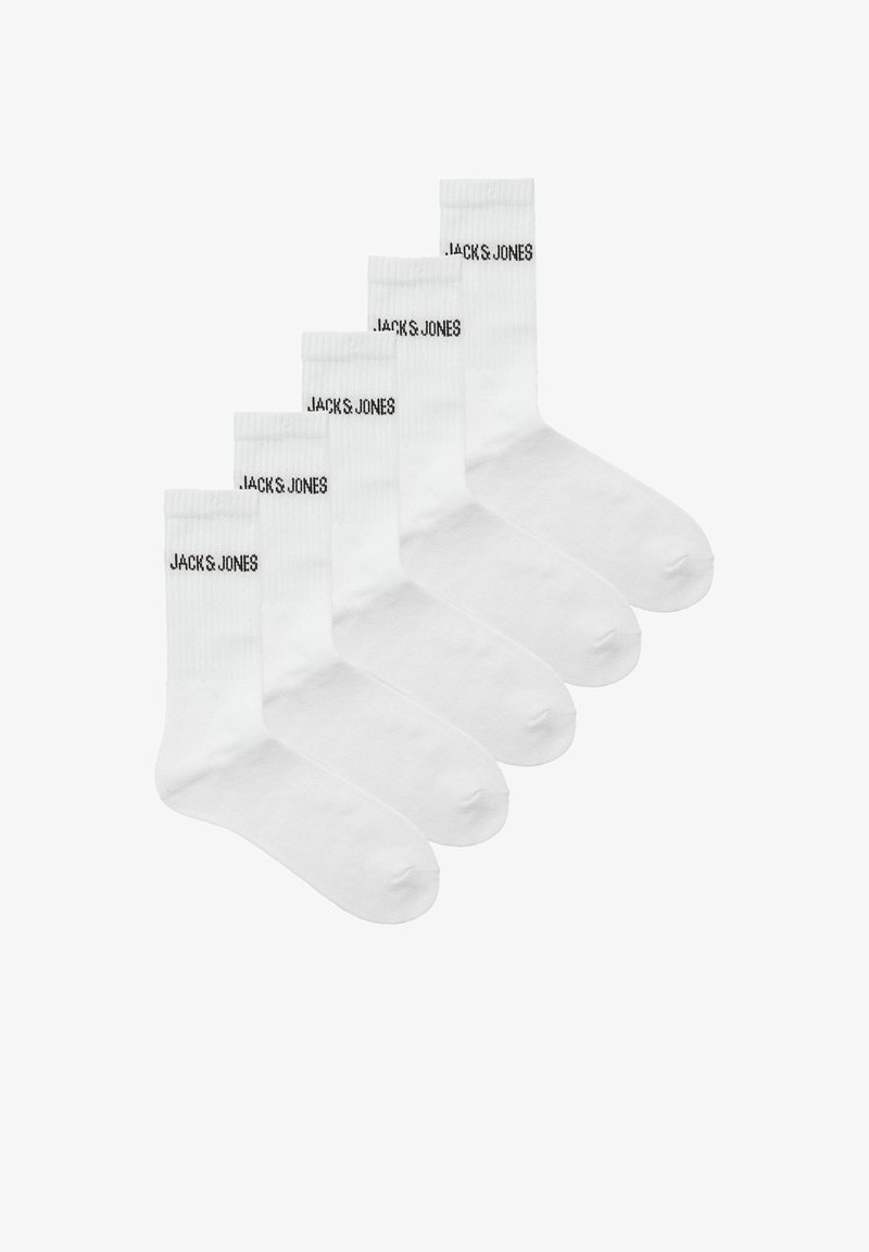 Valged puuvillased sokid viiepesas, millel on musta värvi "JACK & JONES" lähedal ülemises servas kudumisega. Tavaline meeskonnapikkus.