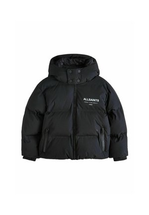 Schwarze Steppjacke mit Kapuze, Frontreißverschluss und Reißverschlusstaschen, mit weißem "ALLSAINTS" Logo und japanischem Text auf der linken Brust.