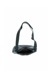 Borsa a tracolla verde scuro con tracolla regolabile, esterno liscio, chiusura con zip e ampio interno con fodera logata.