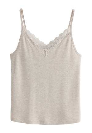 Hellbeige ärmelloses Camisole mit Spitzenbesatz entlang des V-Ausschnitts und dünnen Schulterträgern.