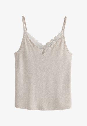 Light beige sleeveless camisole with lace trim along the V-neckline and thin shoulder straps.