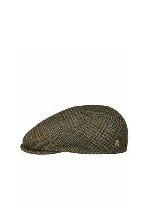 Flat tweed flat cap with brown and green houndstooth pattern and small embroidered brown logo on side.
