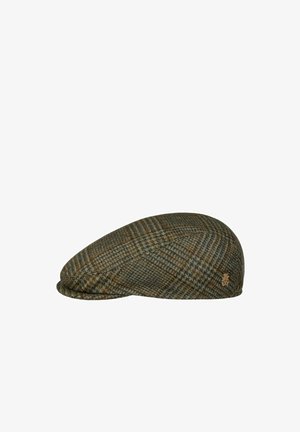 Flat tweed flat cap with brown and green houndstooth pattern and small embroidered brown logo on side.