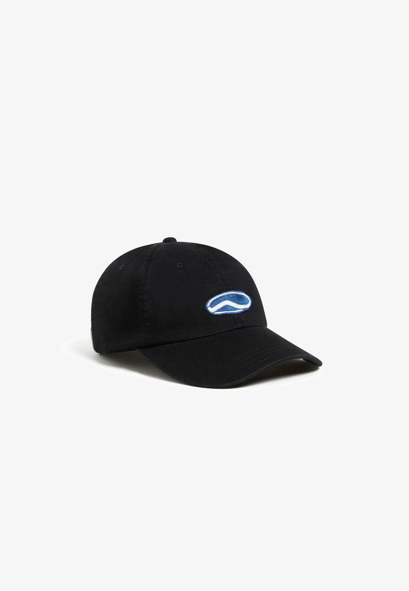Black cotton baseball cap featuring a blue embroidered logo on the front, curved brim, and adjustable strap at the back.
