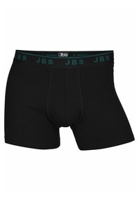 Boxer shorts de algodón negro con un diseño sólido, que cuentan con una cinturilla elástica en color teal con la marca "JBS" en un patrón repetido.