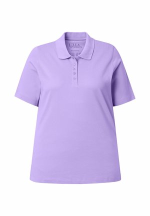 Fliederfarbenes Polohemd mit kurzen Ärmeln, Kragen und Fünf-Knopf-Leiste, entworfen für Frauen in Übergröße.