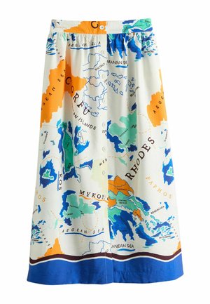 Rock mit einem bunten Kartenprint mit griechischen Inseln, Meeren und Regionen in Blau, Grün, Orange und Weiß, mit Knöpfen an der Vorderseite.