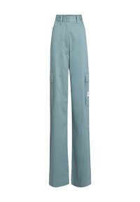 Pantaloni cargo a vita alta azzurro chiaro in misto cotone. Presentano due tasche laterali e un design relax con gamba larga.