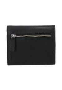 Black leather wallet with a zippered pocket, smooth texture, rectangular shape, and stitching along the edges. Features a small leather pull tab.