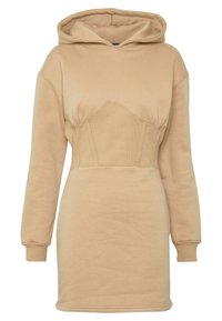Vestido beige con capucha, con un cuerpo ajustado, textura acanalada y mangas largas. Tejido suave; diseño a la altura de la rodilla. Sin herrajes ni patrones visibles.