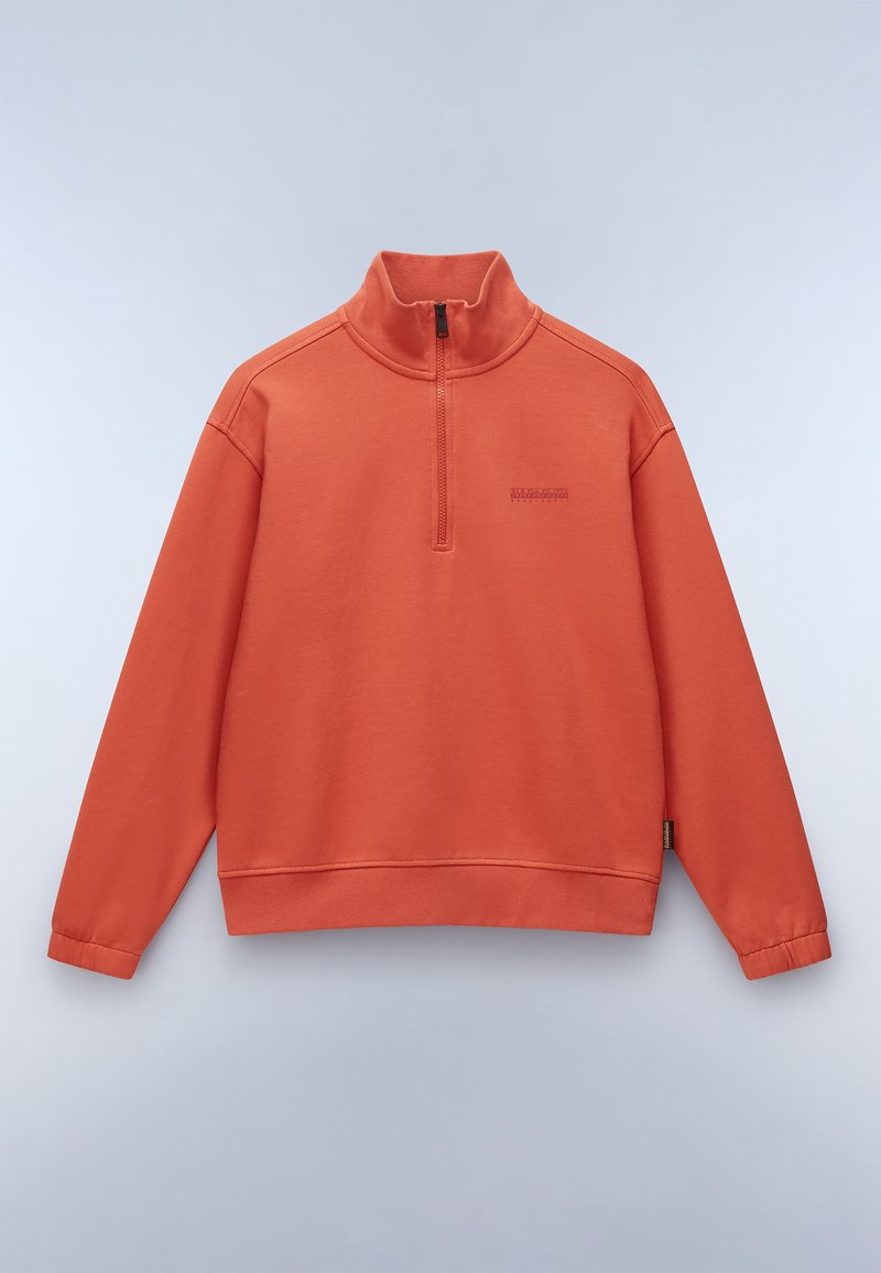 Sweat-shirt corail orange à zip quart, manches longues, col montant, poignets élastiques et petit logo brodé sur la poitrine.
