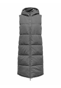 Veste longue grise sans manches matelassée avec capuche et fermeture éclair complète devant, matelassée en larges sections horizontales.