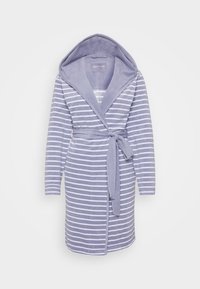 Striped lavender bathrobe with a hood, featuring a tie belt and soft terry texture. Long sleeves and a relaxed fit design.