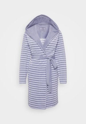 Accappatoio a righe lavanda con cappuccio, dotato di cintura in vita e morbido tessuto in spugna. Maniche lunghe e design dalla vestibilità comoda.