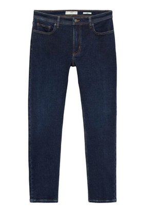 Granatowe dżinsy o slim fit, z pięcioma kieszeniami, zapięciem na guziki i kontrastującymi pomarańczowymi przeszyciami. Gładka tekstura, bez wzorów.
