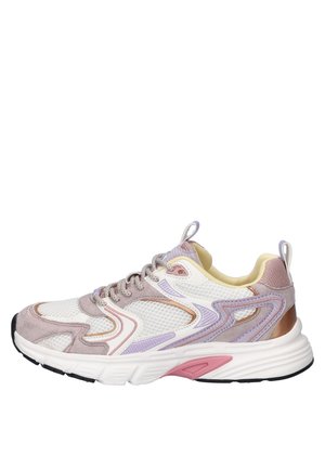Dames sportieve sneaker met witte mesh, pastelpaars en roze suède details, gevoerde zool en trekbandjes op de hiel en tong.