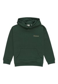 Grüne Kapuzenjacke aus weichem Stoff, mit einer Kängurutasche vorne, gerippten Bündchen und einem goldenen "Element"-Logo auf der Brust.