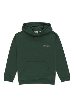 Grön huvtröja i mjukt material, med en framficka i kängurustil, ribbade ärmar och en guldig "Element" logotyp på bröstet.