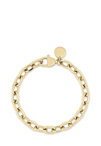 Braccialetto a catena in tono oro con chiusura a morsetto e charm rotondo incastonato con il nome di un marchio su uno sfondo bianco.
