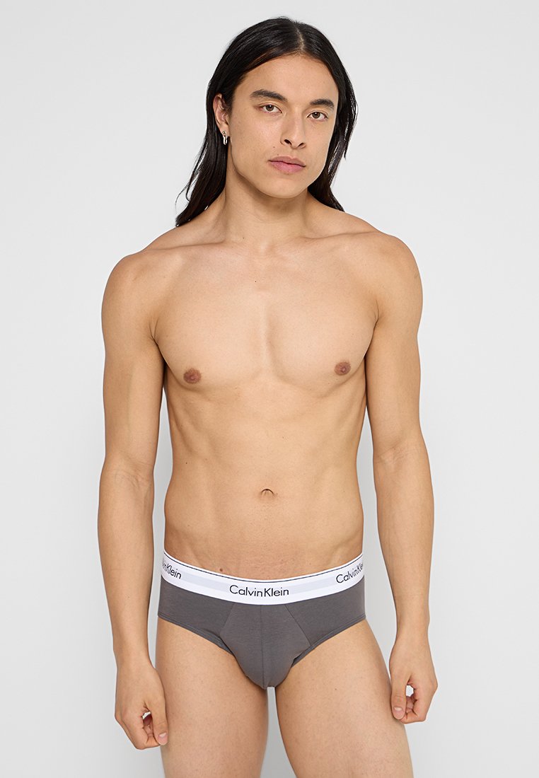 Braguitas de algodón gris con una cinturilla elástica blanca que presenta el logotipo "Calvin Klein". El diseño se ajusta al cuerpo con una forma clásica de braguita.
